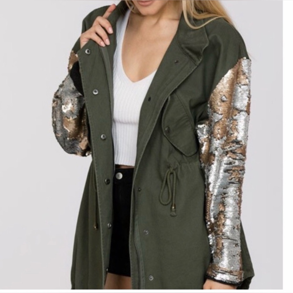 NEW Green Military Jacket sequin sleeve